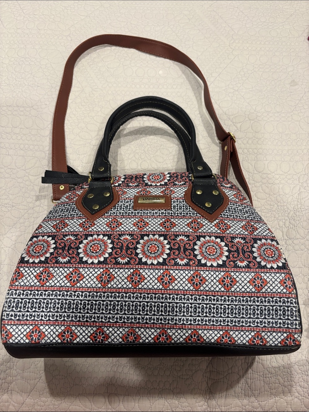 Patterned Satchel Handbag in Red, Black & White